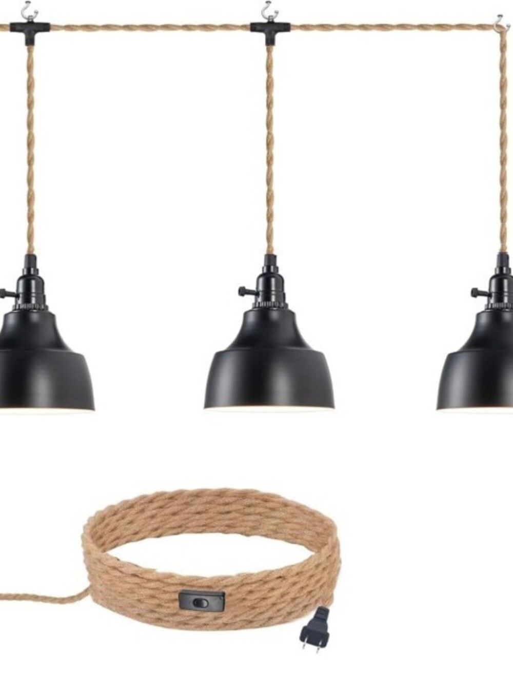 3 Light Plug in Pendant Farmhouse Hanging Light-Black